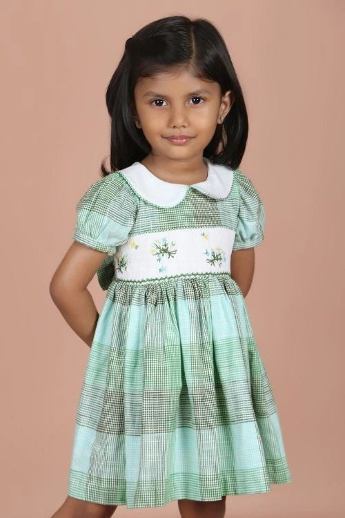 Soleilclo "Green Floral Embroidered Smocked Micro Gingham Dress"