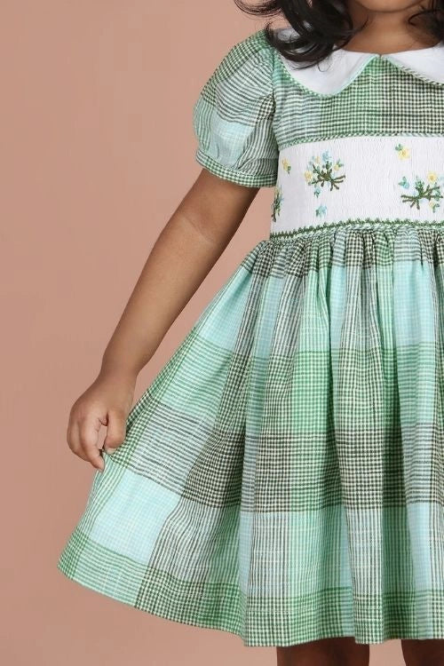 Soleilclo "Green Floral Embroidered Smocked Micro Gingham Dress"