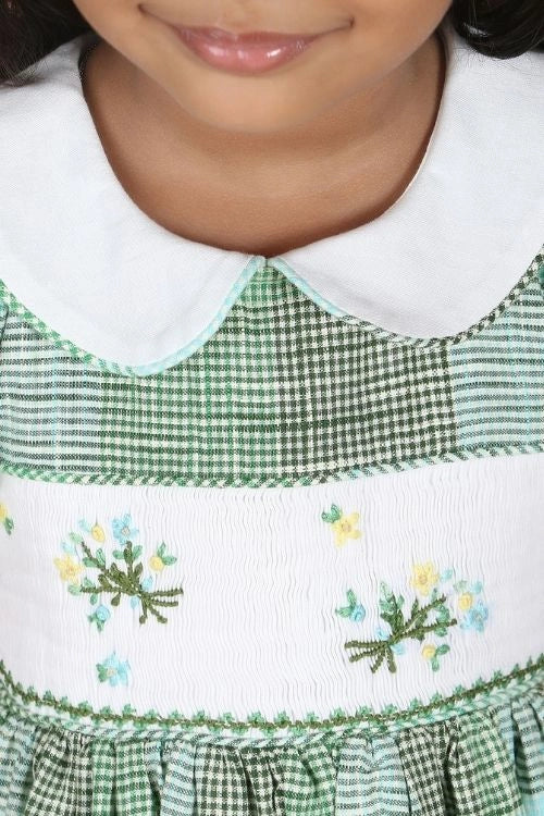 Soleilclo "Green Floral Embroidered Smocked Micro Gingham Dress"
