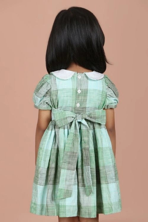 Soleilclo "Green Floral Embroidered Smocked Micro Gingham Dress"