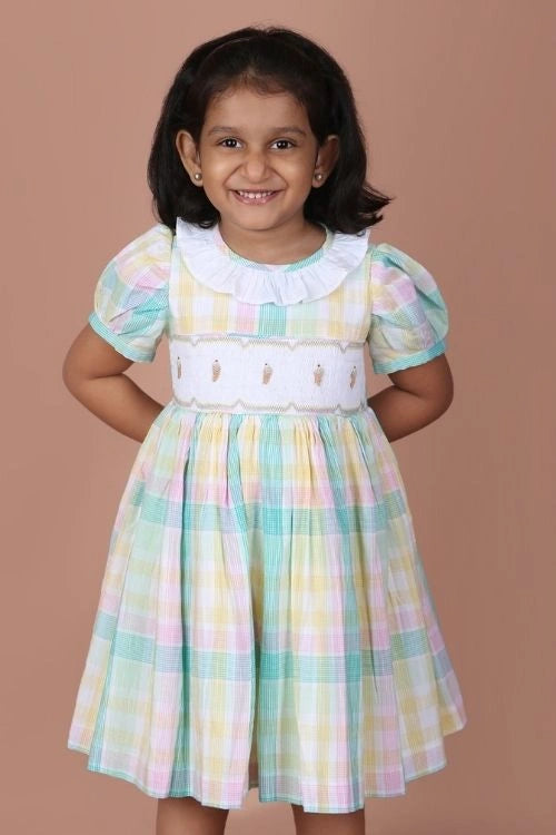 Soleilclo "Multicolor Ice Cream Emrboidered Smocked Checked Dress"
