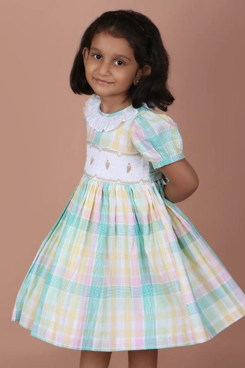 Soleilclo "Multicolor Ice Cream Emrboidered Smocked Checked Dress"