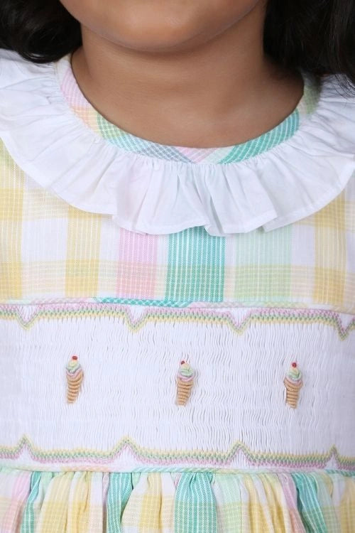 Soleilclo "Multicolor Ice Cream Emrboidered Smocked Checked Dress"