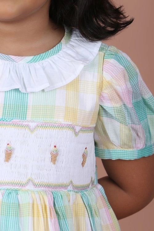 Soleilclo "Multicolor Ice Cream Emrboidered Smocked Checked Dress"