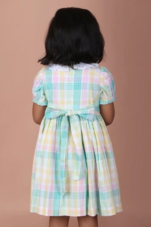 Soleilclo "Multicolor Ice Cream Emrboidered Smocked Checked Dress"