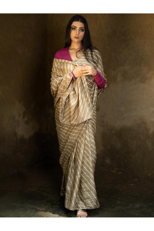 Striped Elegance. Hand Dyed Lehariya Tussore Silk Saree - Beige & Pale Olive