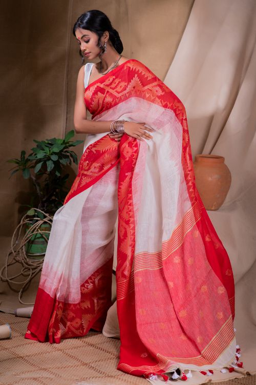 TICH Stunning Beauty. Pure Linen Handwoven Jamdani Saree - White, Red & Dull Gold (With Blouse Piece)