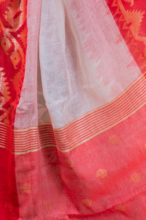TICH Stunning Beauty. Pure Linen Handwoven Jamdani Saree - White, Red & Dull Gold (With Blouse Piece)