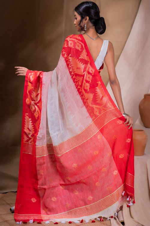 TICH Stunning Beauty. Pure Linen Handwoven Jamdani Saree - White, Red & Dull Gold (With Blouse Piece)