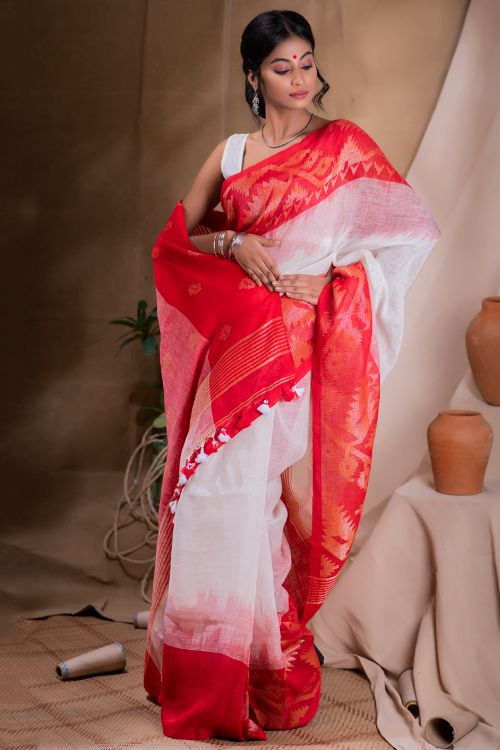 TICH Stunning Beauty. Pure Linen Handwoven Jamdani Saree - White, Red & Dull Gold (With Blouse Piece)