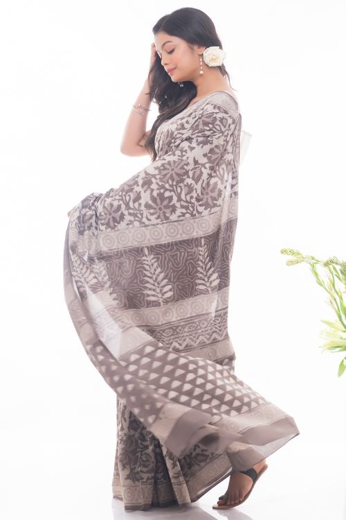 TICH Summer Classics. Dabu Block Printed Cotton Saree - Dull White & Brown Leaves