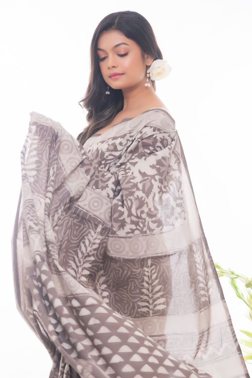 TICH Summer Classics. Dabu Block Printed Cotton Saree - Dull White & Brown Leaves