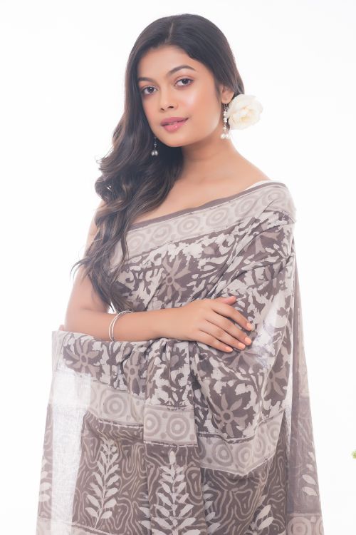 TICH Summer Classics. Dabu Block Printed Cotton Saree - Dull White & Brown Leaves
