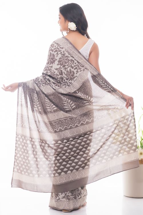 TICH Summer Classics. Dabu Block Printed Cotton Saree - Dull White & Brown Leaves
