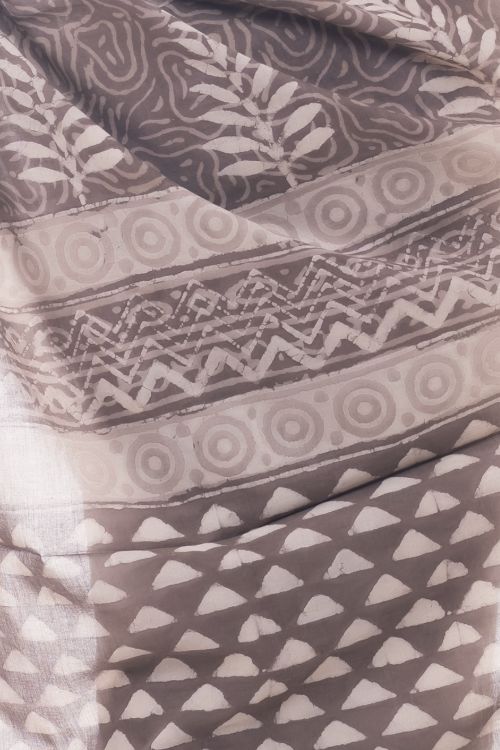 TICH Summer Classics. Dabu Block Printed Cotton Saree - Dull White & Brown Leaves