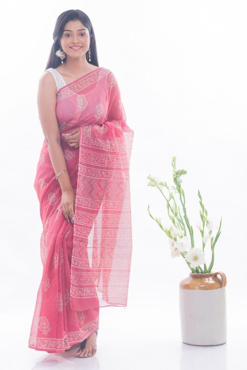 TICH Summer Moods. Dabu Block Printed Kota Doria Saree - Pink Paisleys