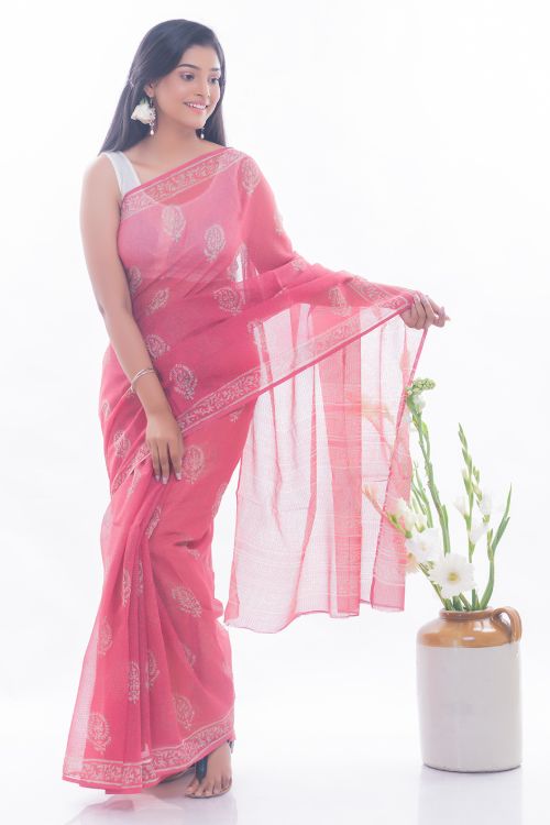 TICH Summer Moods. Dabu Block Printed Kota Doria Saree - Pink Paisleys