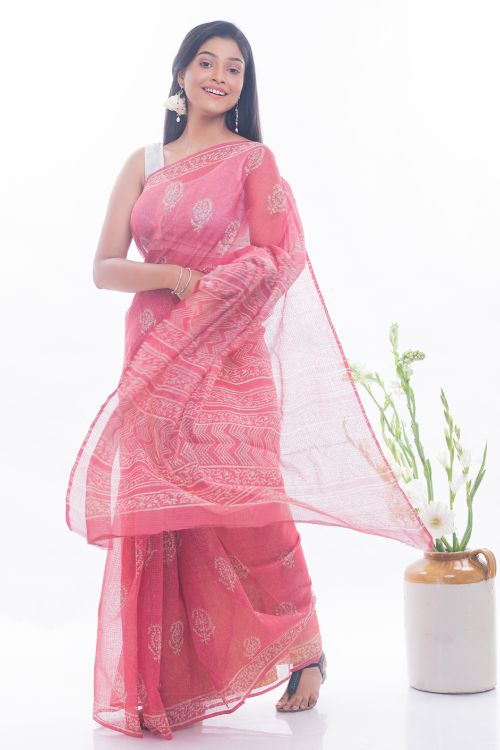 TICH Summer Moods. Dabu Block Printed Kota Doria Saree - Pink Paisleys
