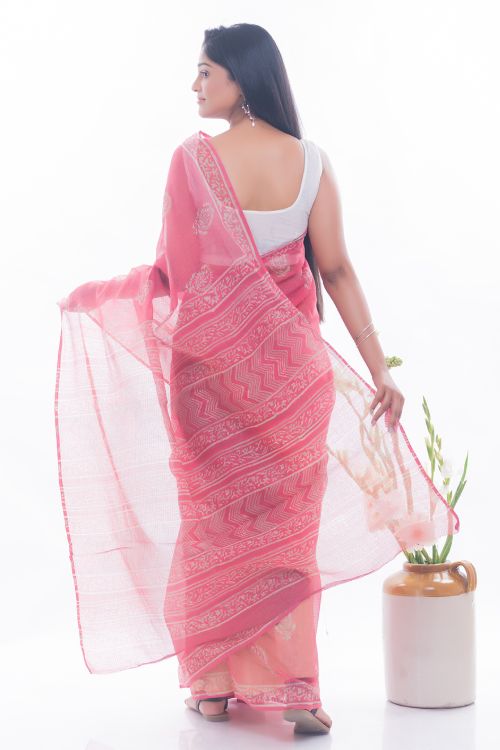 TICH Summer Moods. Dabu Block Printed Kota Doria Saree - Pink Paisleys