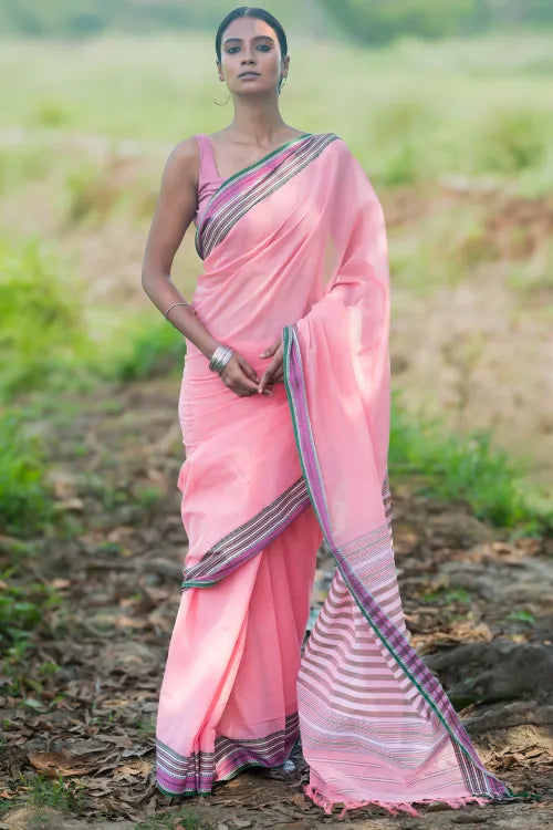 THE ICH Bengal Weaves. Handwoven Soft Cotton Saree - Blush Meadow