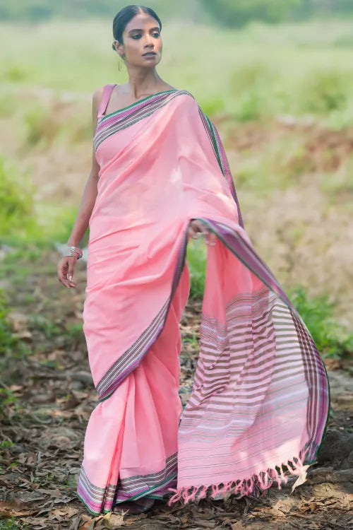 THE ICH Bengal Weaves. Handwoven Soft Cotton Saree - Blush Meadow