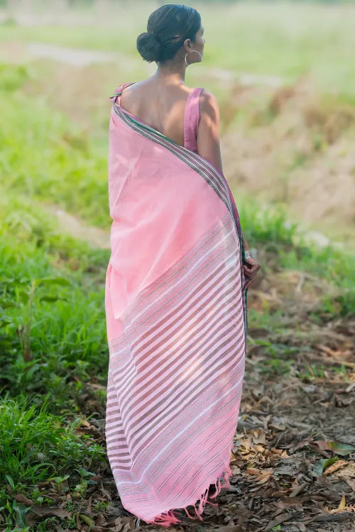 THE ICH Bengal Weaves. Handwoven Soft Cotton Saree - Blush Meadow