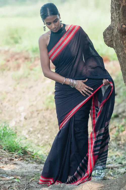THE ICH Bengal Weaves. Handwoven Soft Cotton Saree - Midnight Ember