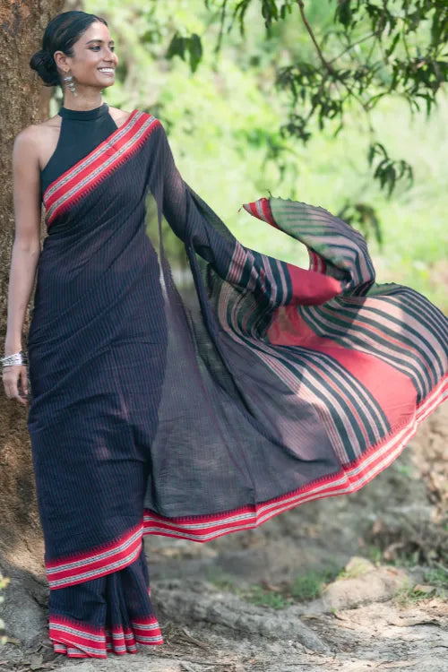 THE ICH Bengal Weaves. Handwoven Soft Cotton Saree - Midnight Ember