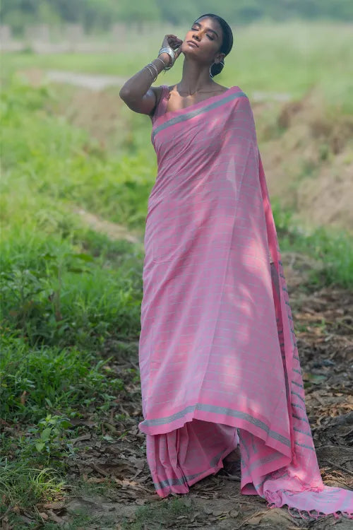 THE ICH Bengal Weaves. Handwoven Soft Cotton Saree - Rose Mist