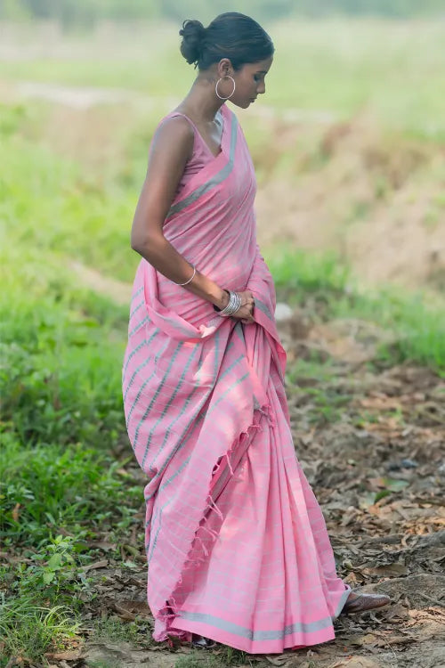 THE ICH Bengal Weaves. Handwoven Soft Cotton Saree - Rose Mist