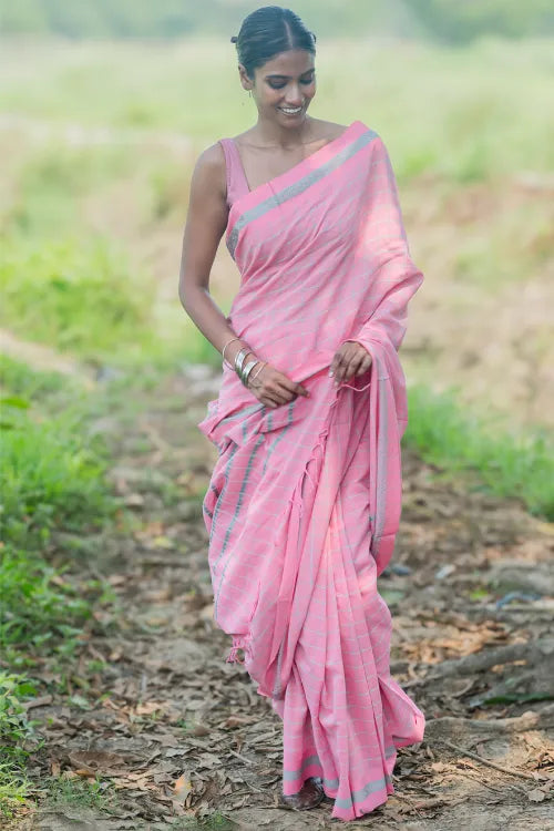THE ICH Bengal Weaves. Handwoven Soft Cotton Saree - Rose Mist