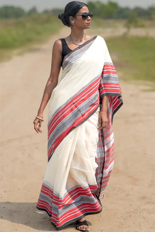 THE ICH Bengal Weaves. Handwoven Soft Cotton Saree - Ivory Tartan