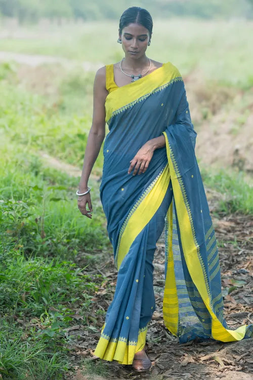THE ICH Bengal Weaves. Handwoven Soft Cotton Saree - Monsoon Lime