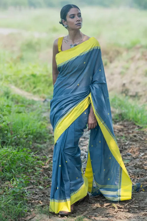 THE ICH Bengal Weaves. Handwoven Soft Cotton Saree - Monsoon Lime