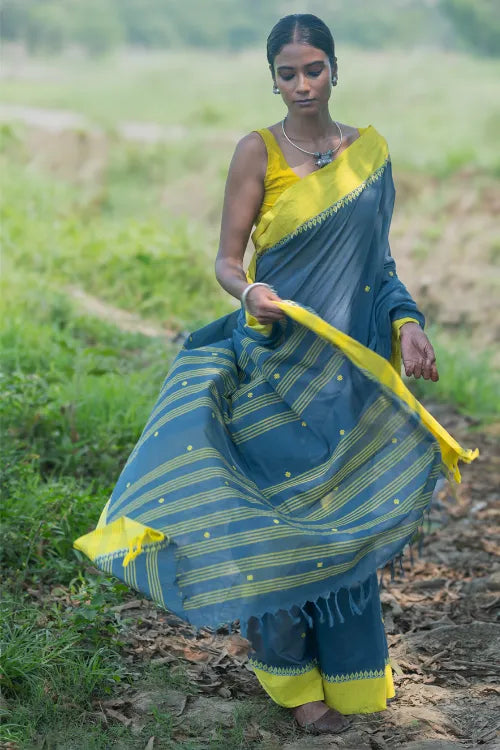 THE ICH Bengal Weaves. Handwoven Soft Cotton Saree - Monsoon Lime