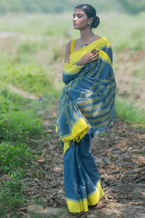 THE ICH Bengal Weaves. Handwoven Soft Cotton Saree - Monsoon Lime