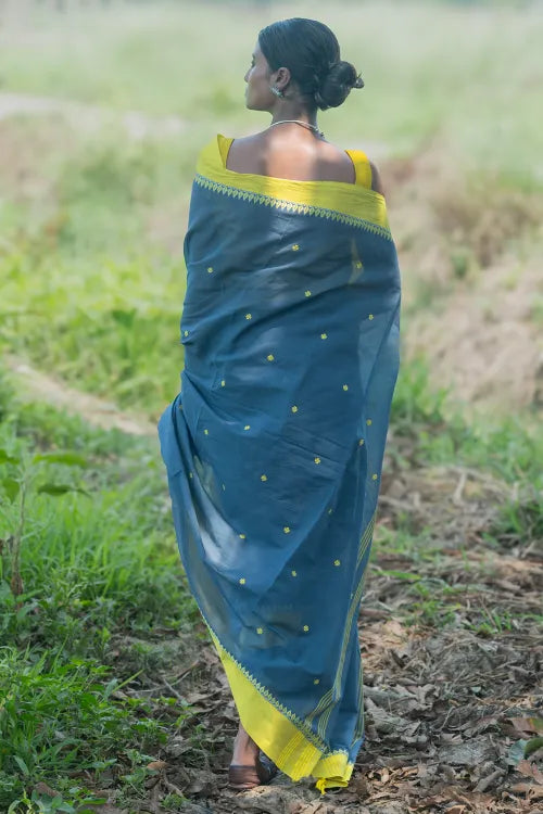 THE ICH Bengal Weaves. Handwoven Soft Cotton Saree - Monsoon Lime
