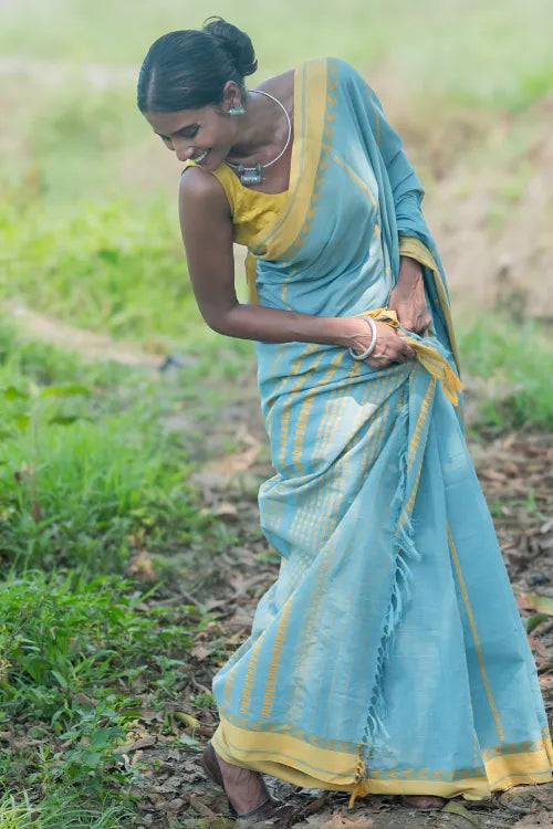 THE ICH Bengal Weaves. Handwoven Soft Cotton Saree - Sky Harvest