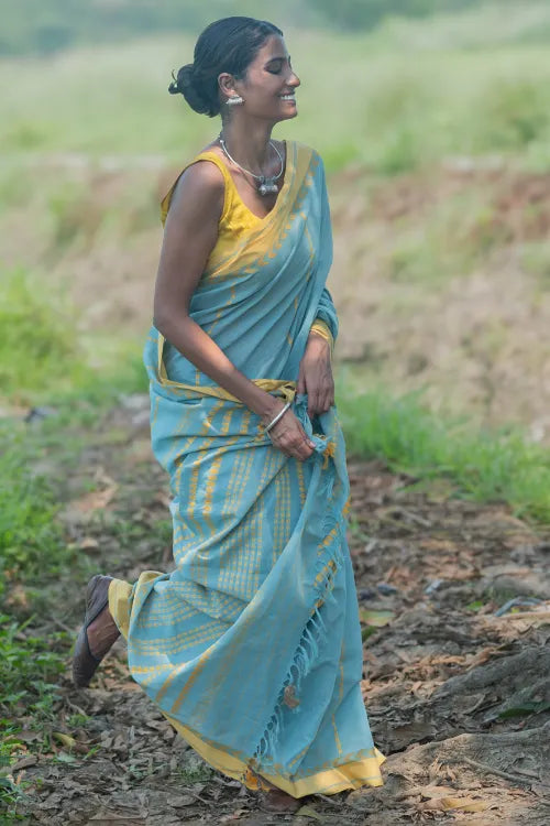 THE ICH Bengal Weaves. Handwoven Soft Cotton Saree - Sky Harvest