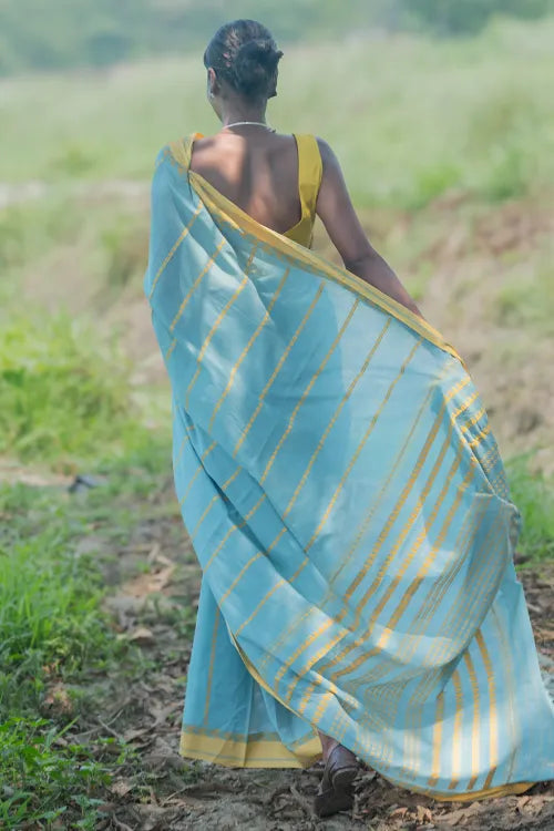 THE ICH Bengal Weaves. Handwoven Soft Cotton Saree - Sky Harvest