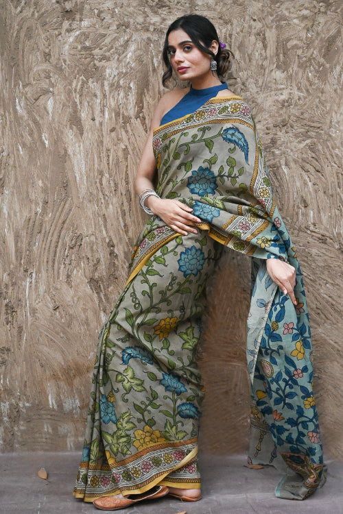 The ICH Signature Kalamkari Hand Painted Silk Blend Saree - Neelavalli
