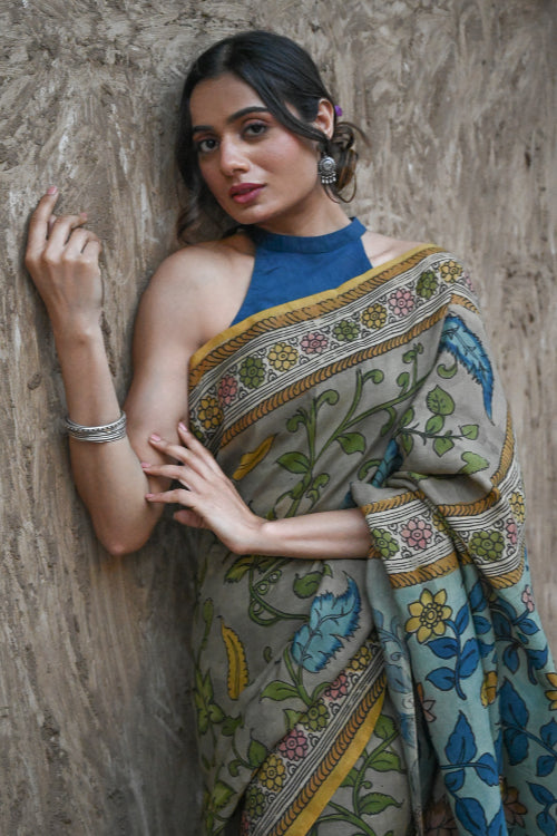 The ICH Signature Kalamkari Hand Painted Silk Blend Saree - Neelavalli