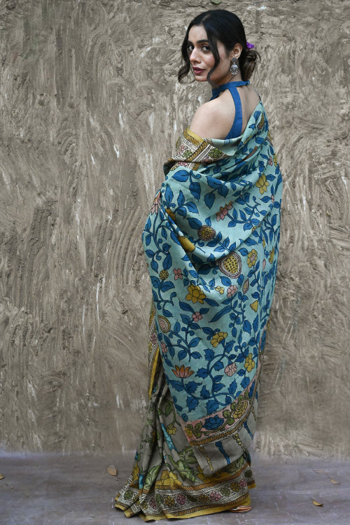 The ICH Signature Kalamkari Hand Painted Silk Blend Saree - Neelavalli