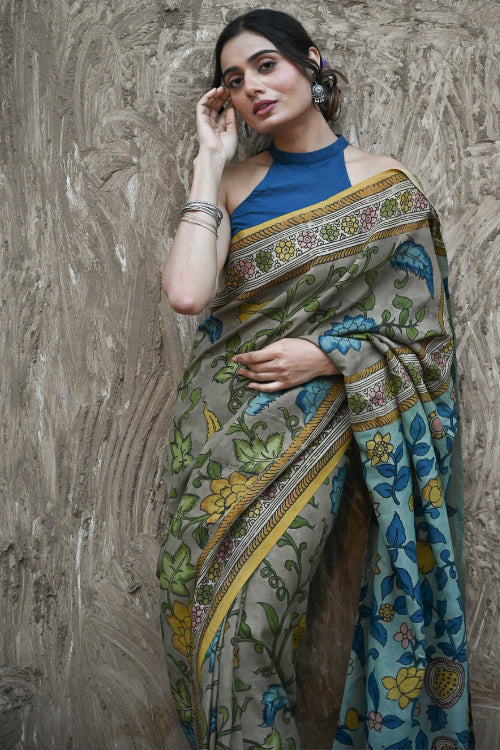 The ICH Signature Kalamkari Hand Painted Silk Blend Saree - Neelavalli