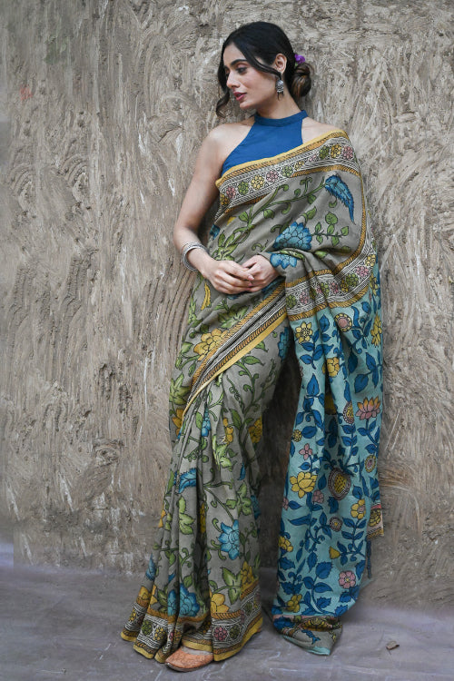 The ICH Signature Kalamkari Hand Painted Silk Blend Saree - Neelavalli