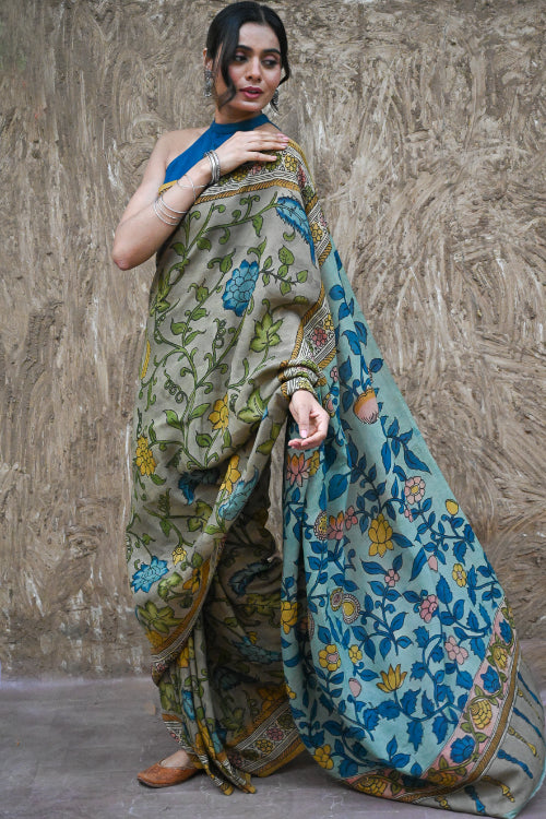 The ICH Signature Kalamkari Hand Painted Silk Blend Saree - Neelavalli