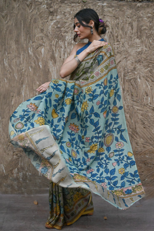 The ICH Signature Kalamkari Hand Painted Silk Blend Saree - Neelavalli