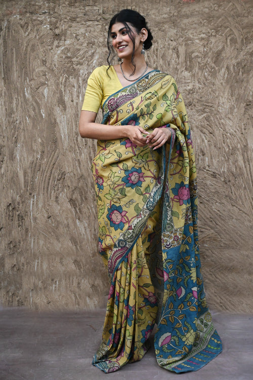 The ICH Signature Kalamkari Hand Painted Silk Blend Saree - Mangalavalli