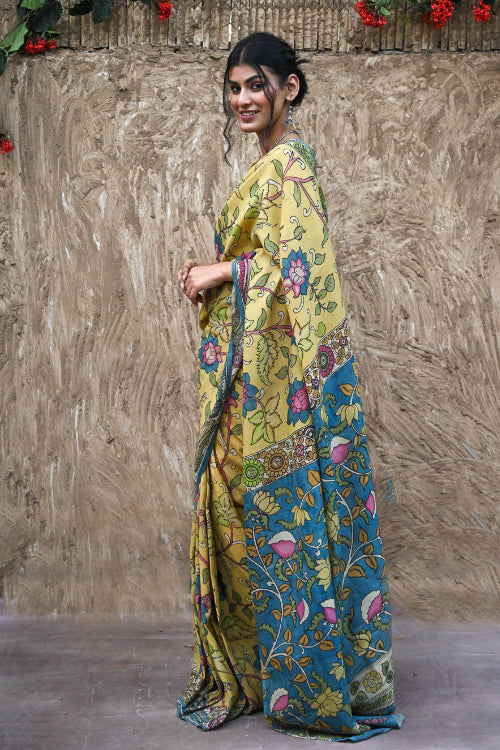The ICH Signature Kalamkari Hand Painted Silk Blend Saree - Mangalavalli