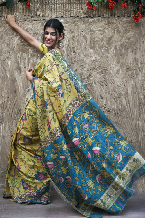 The ICH Signature Kalamkari Hand Painted Silk Blend Saree - Mangalavalli
